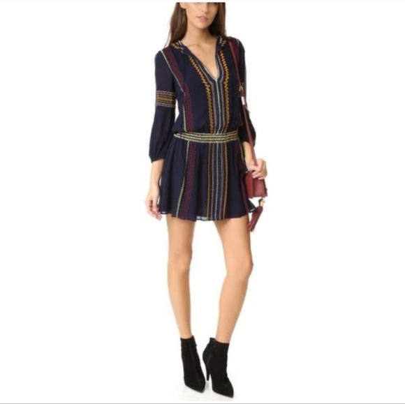 Alice + Olivia Jolene Embroidered Drop Waist Peasant Navy Blue Dress - Picture 2 of 8